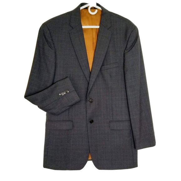 Jos A Bank Suit Jacket 42L Slim Fit Gray windowpane Wool 2 Button MSRP $650 EUC - Picture 1 of 9